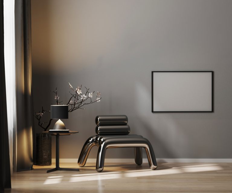 Empty horizontal frame mock up on gray wall in luxury dark interior with metal armchair
